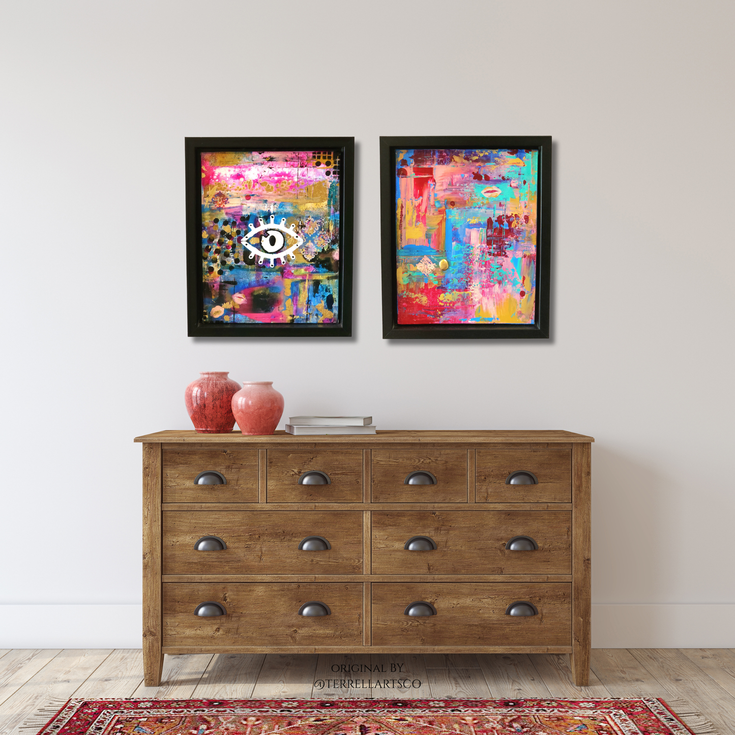 Two colorful abstract paintings above a wooden dresser with decorative items.