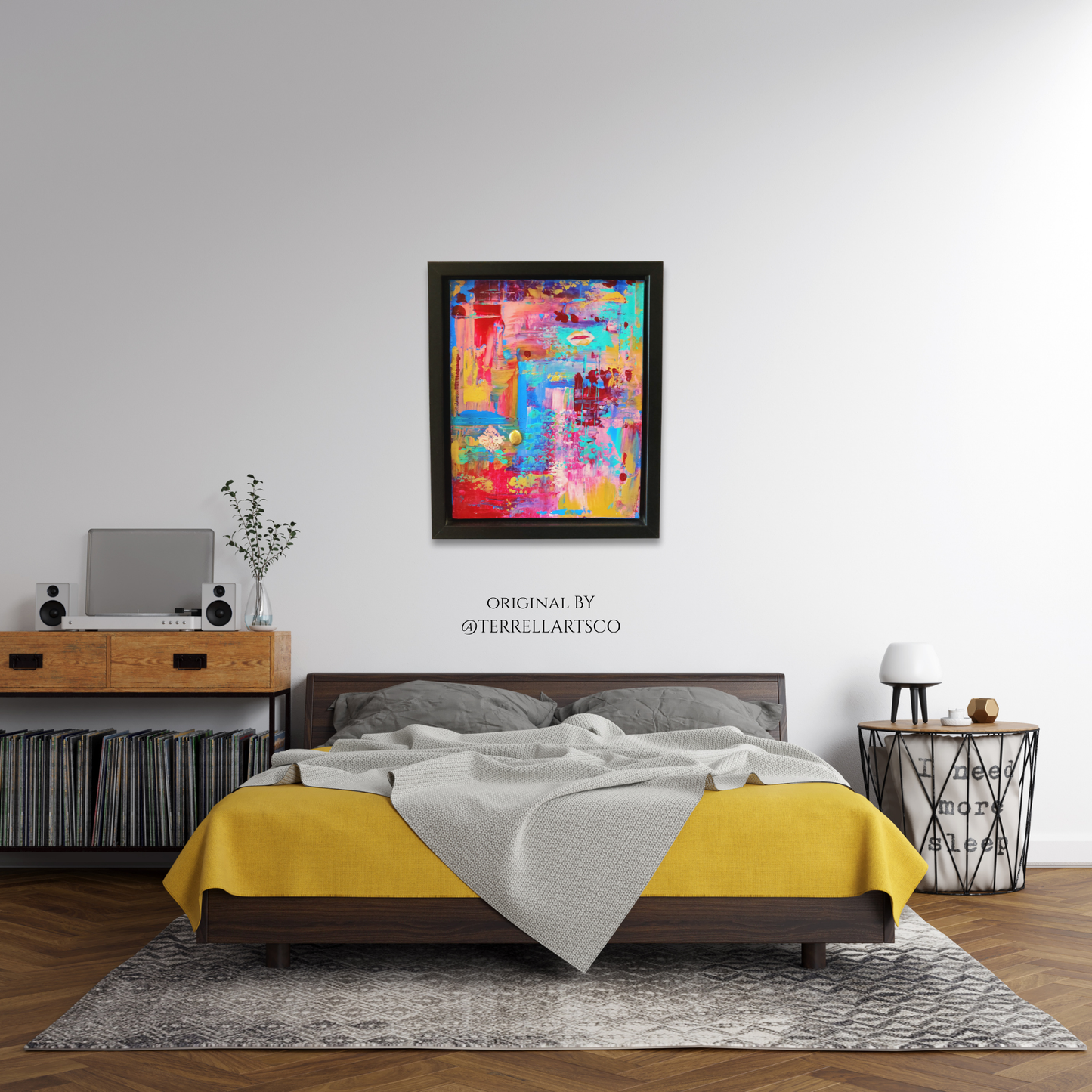 Modern bedroom with a colorful abstract painting on the wall, yellow and gray bedding, and wooden furniture.