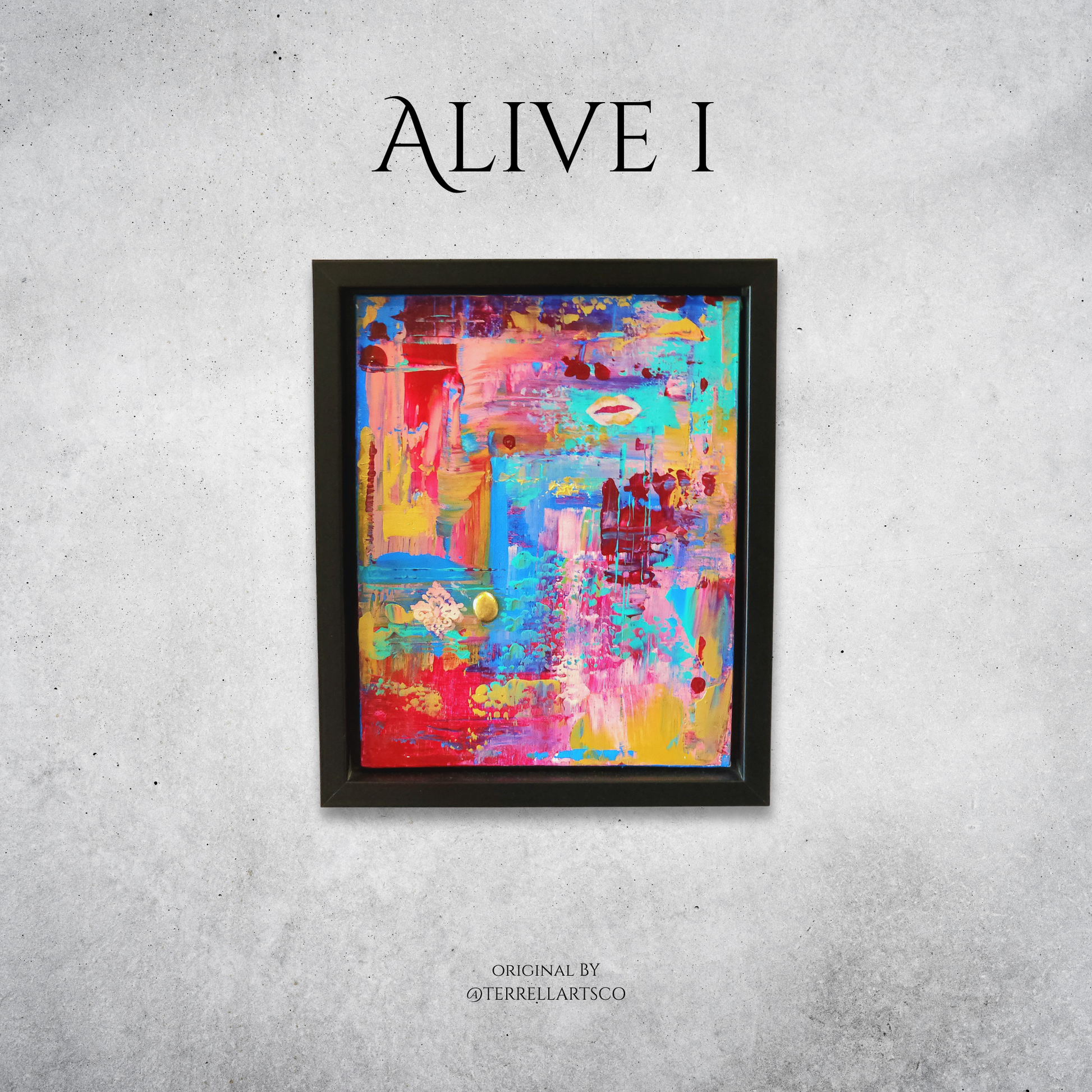 Framed abstract painting titled 'ALIVE I' on a textured gray wall.