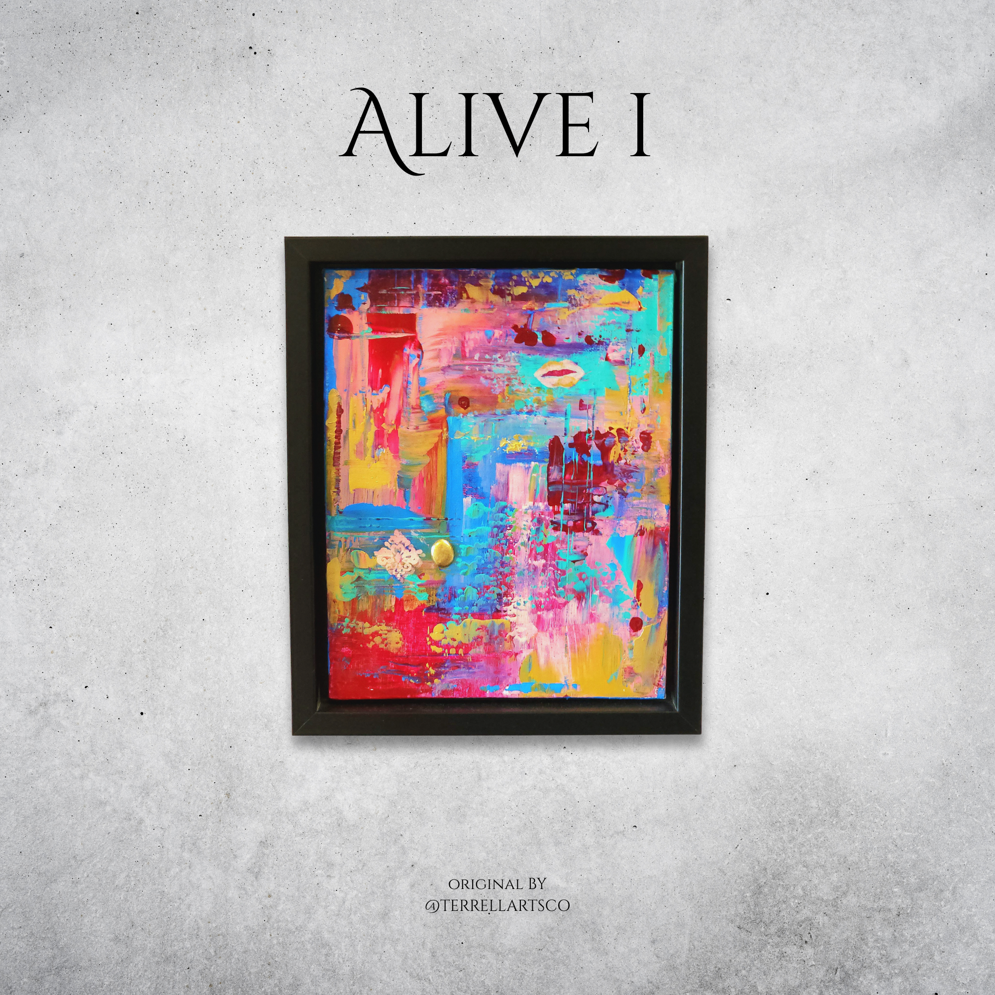 Framed abstract painting titled 'ALIVE I' on a textured gray wall.