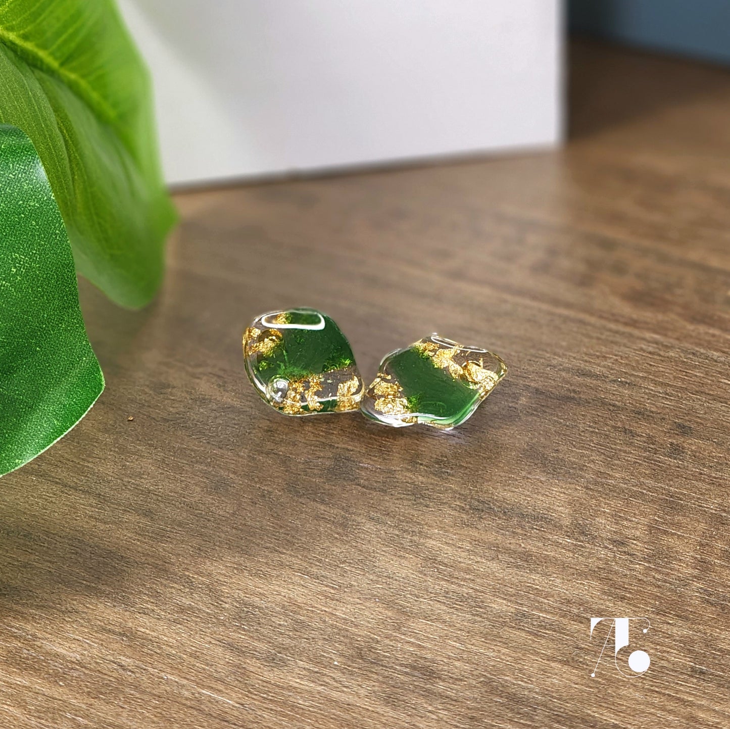 Green & Gold Organic Stud Shaped Earring