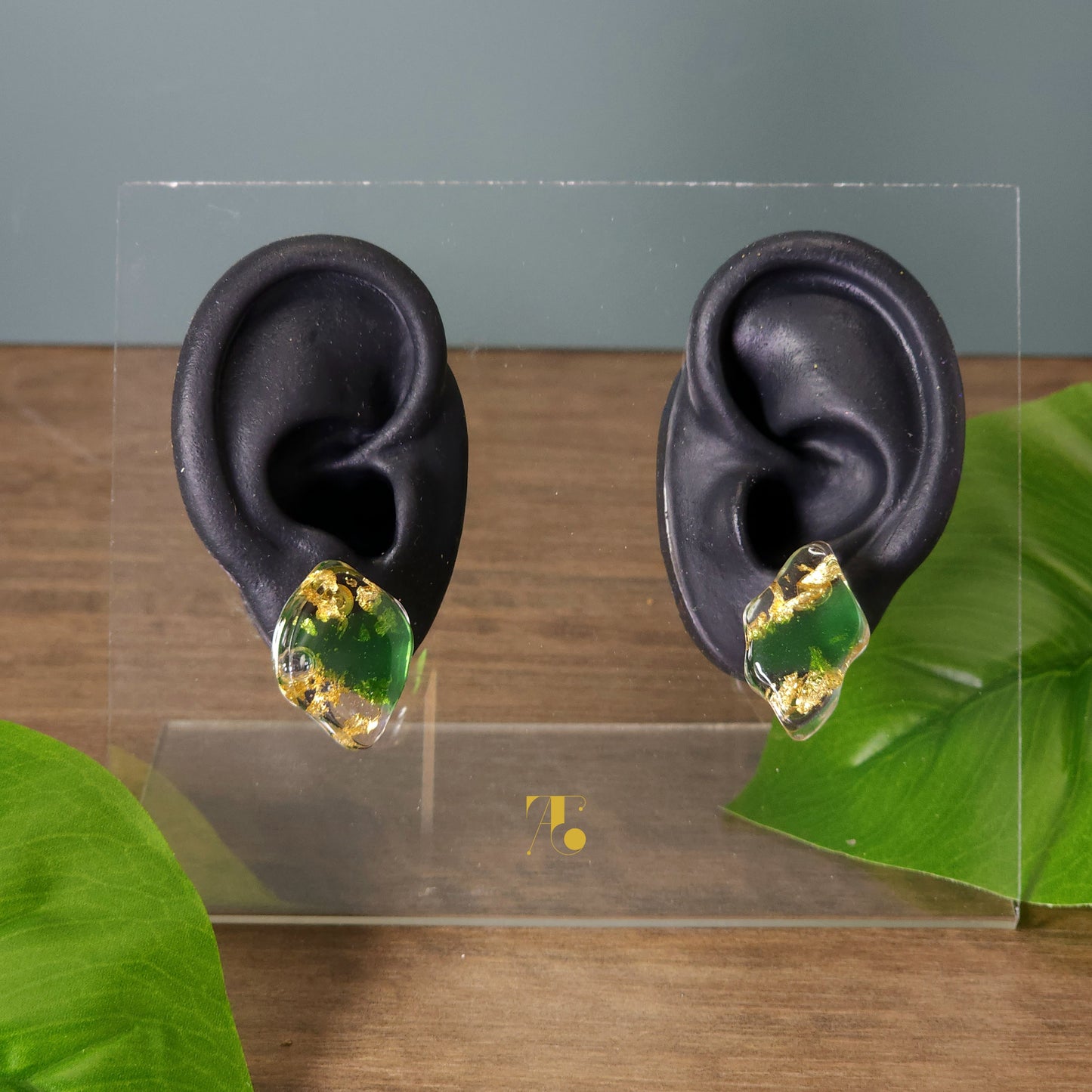 Green & Gold Organic Stud Shaped Earring